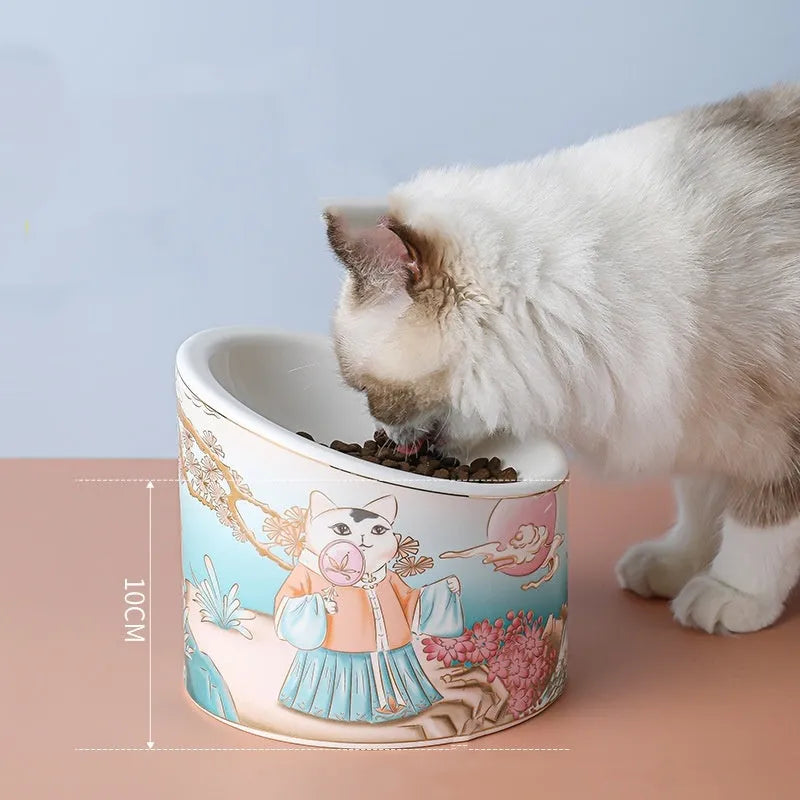 Chinese style ceramic cat bowl with high legs and double oblique mouth compartments