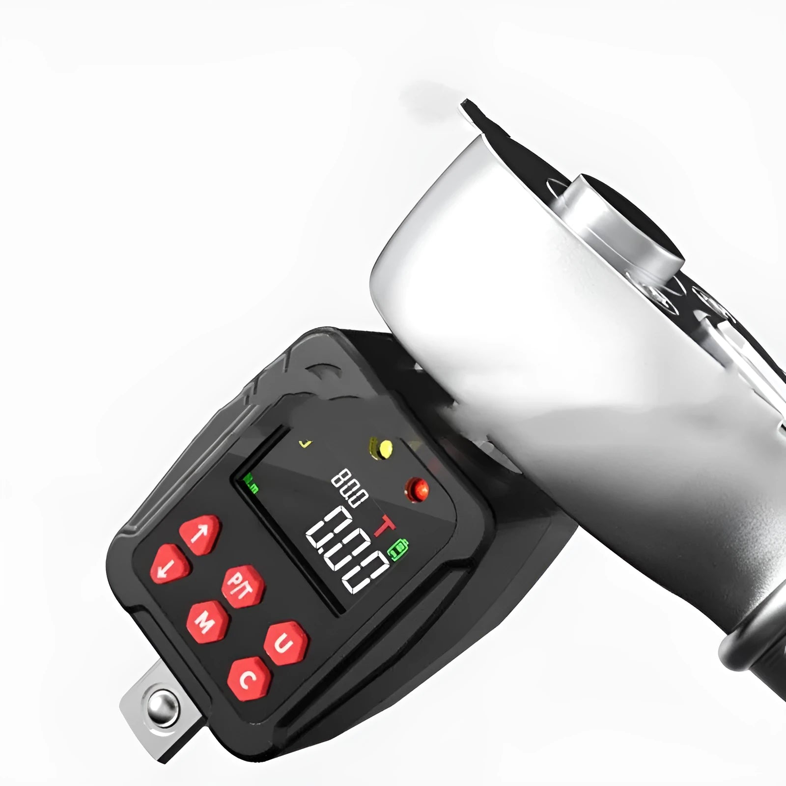 Digital torque meter with display screen and 1/2 inch drive square, metal construction.