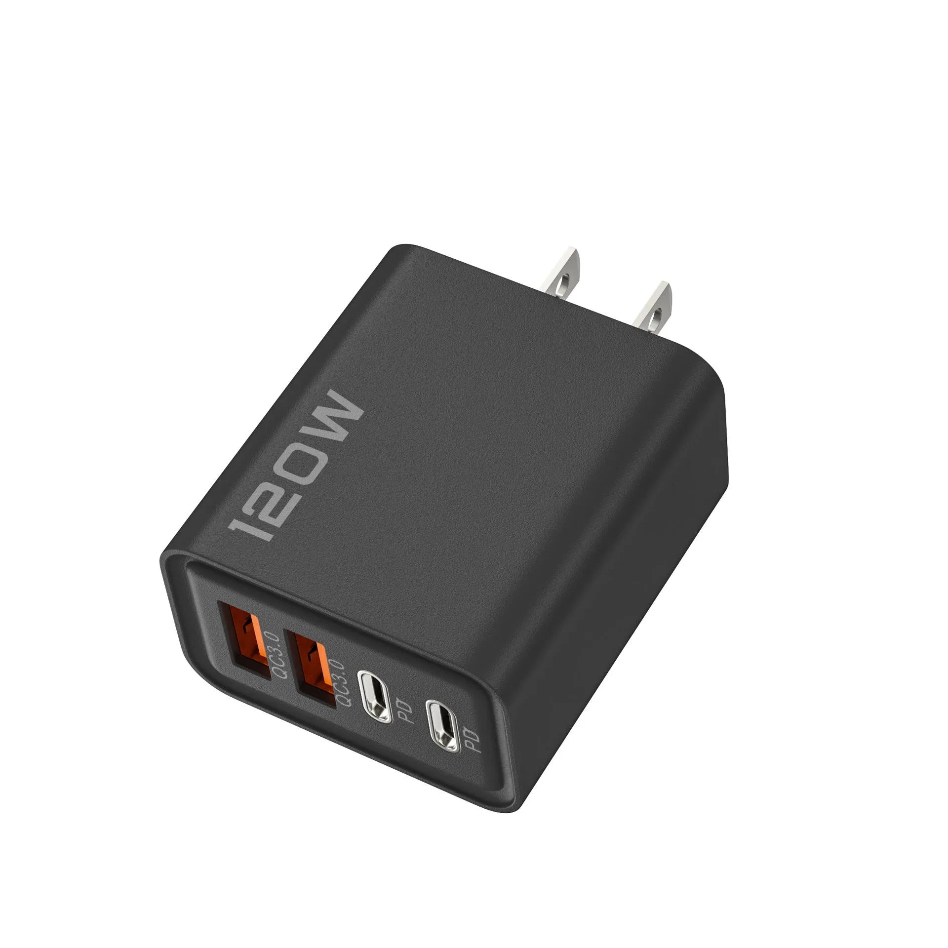 120W dual PD dual USB charger in black with interchangeable UK EU US plugs