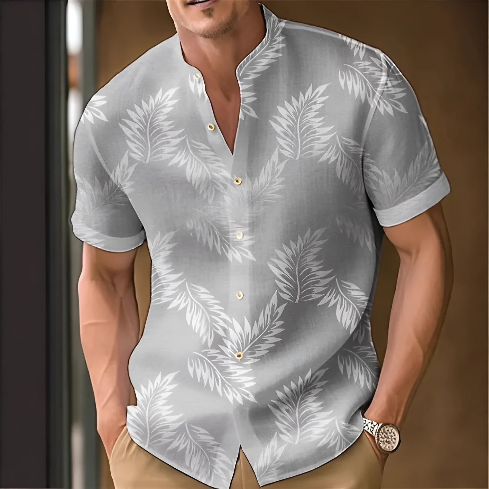 Men's printed polyester casual shirt shown in one of eight available colours, size range S to 4XL.