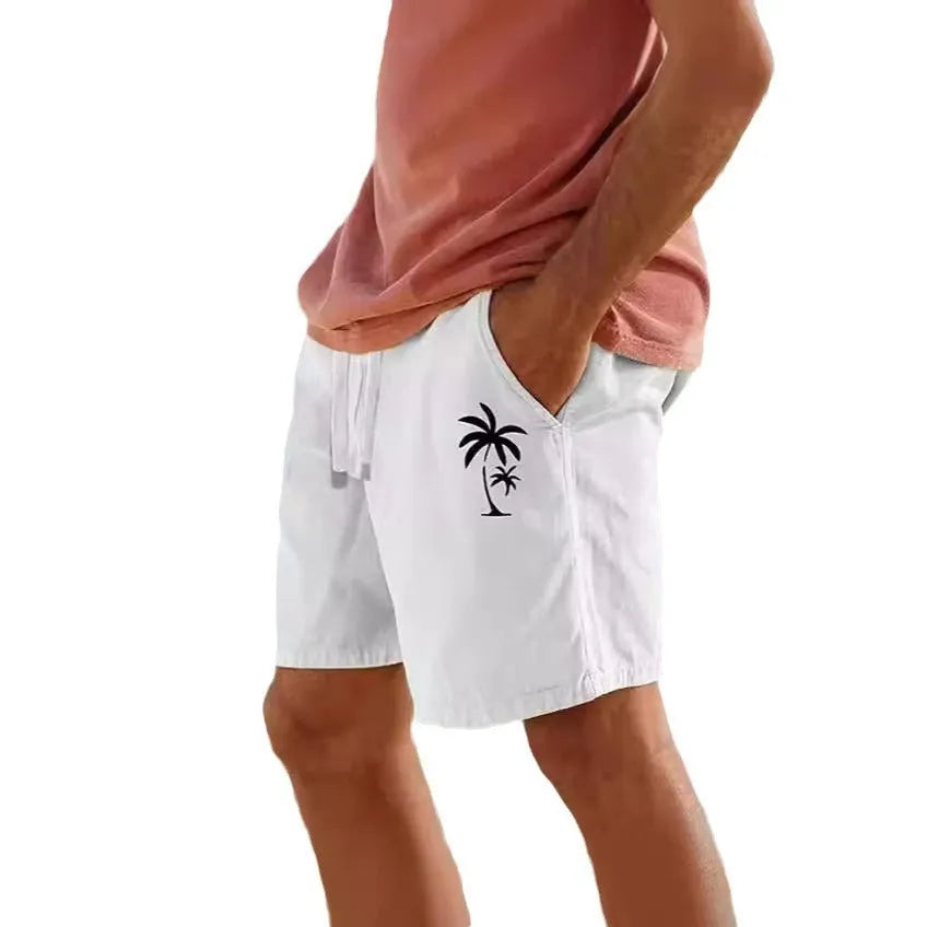 Men's elastic shorts with plant pattern heat transfer patches and drawstring waist in cotton blend fabric