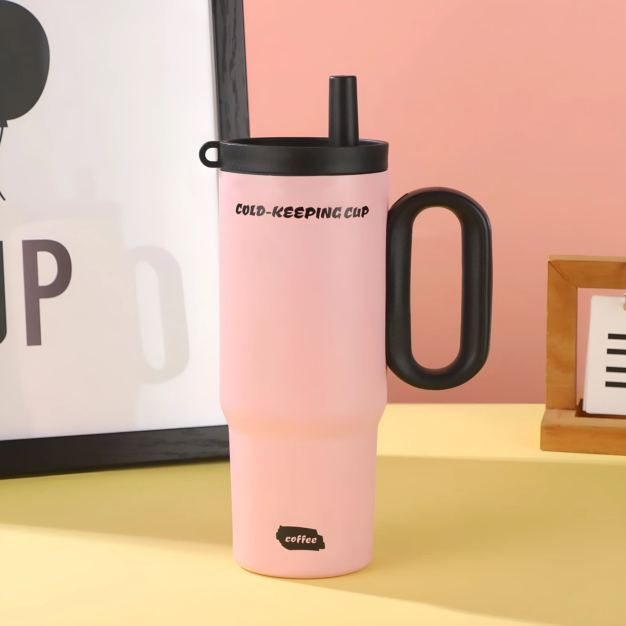 Large insulated straw cup with handle in multiple colour options