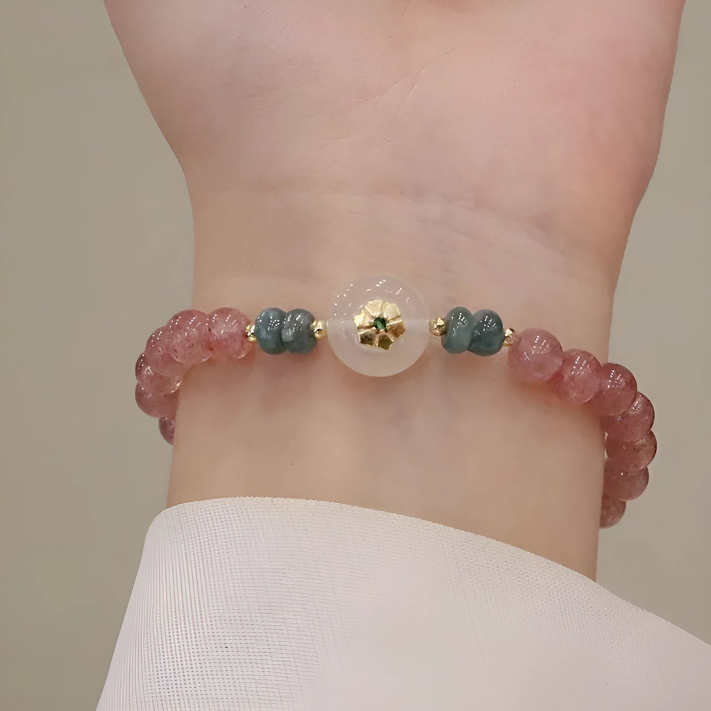 Strawberry quartz and blue water emerald bracelet with round jade pendant in new Chinese style