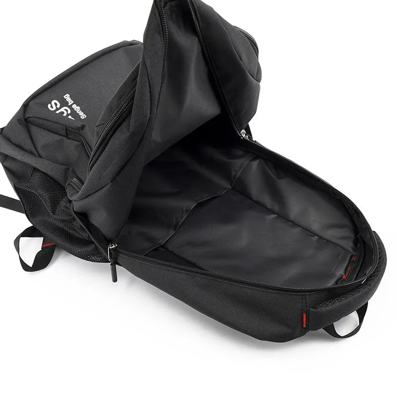 Street style nylon backpack in grey showing internal laptop compartment and organiser pockets.