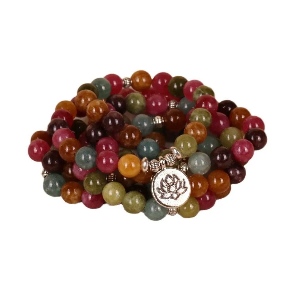 Lotus multi-layer bracelet with 108 alloy beads in tourmaline colour on adjustable string