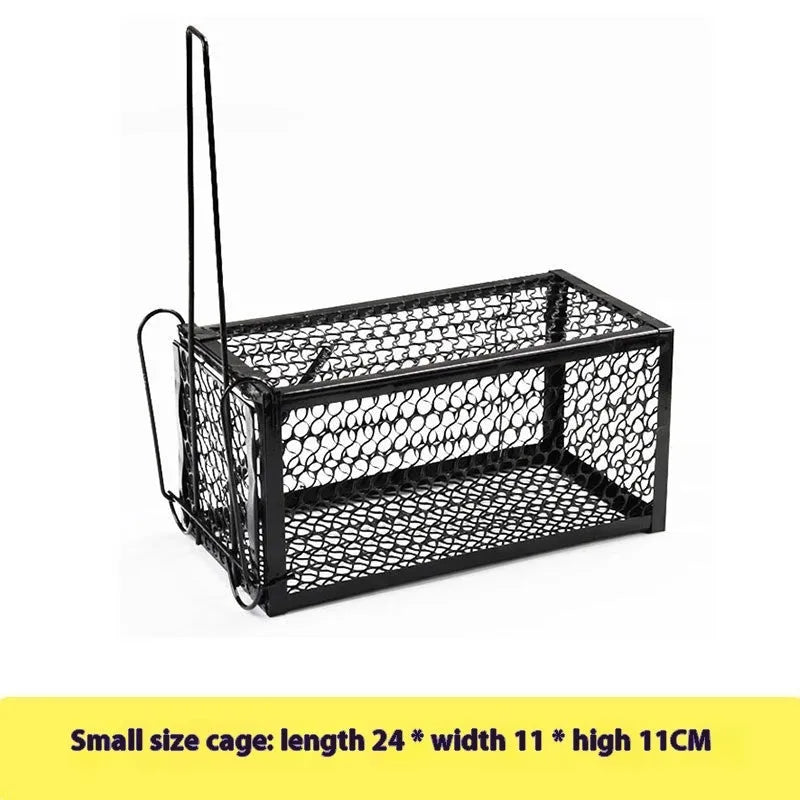 Automatic metal and plastic mouse cage trap shown in small, medium, and large sizes.