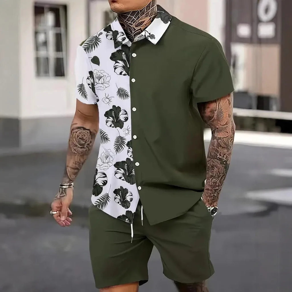 Man wearing a blue Hawaii pattern short sleeve top and matching shorts from a 3D printed suit set