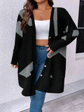 Black plus size casual cardigan coat with button stitching printing and regular sleeves