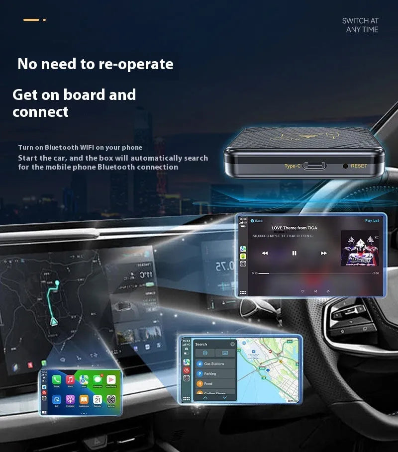 Wireless CarPlay to Android Auto conversion box with USB connector and ABS plastic housing