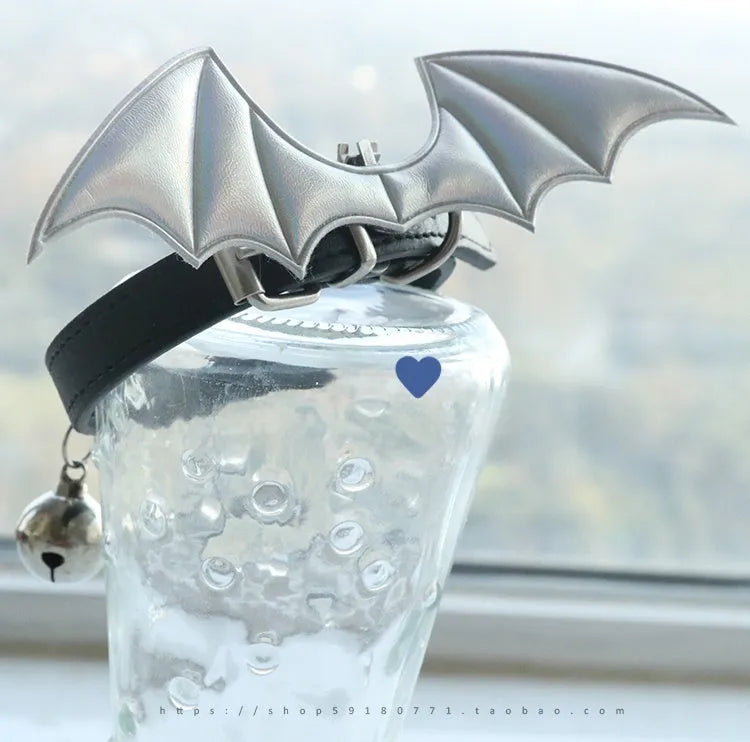 Patent leather satin adult collar with little devil wings and metal bell in multiple colours