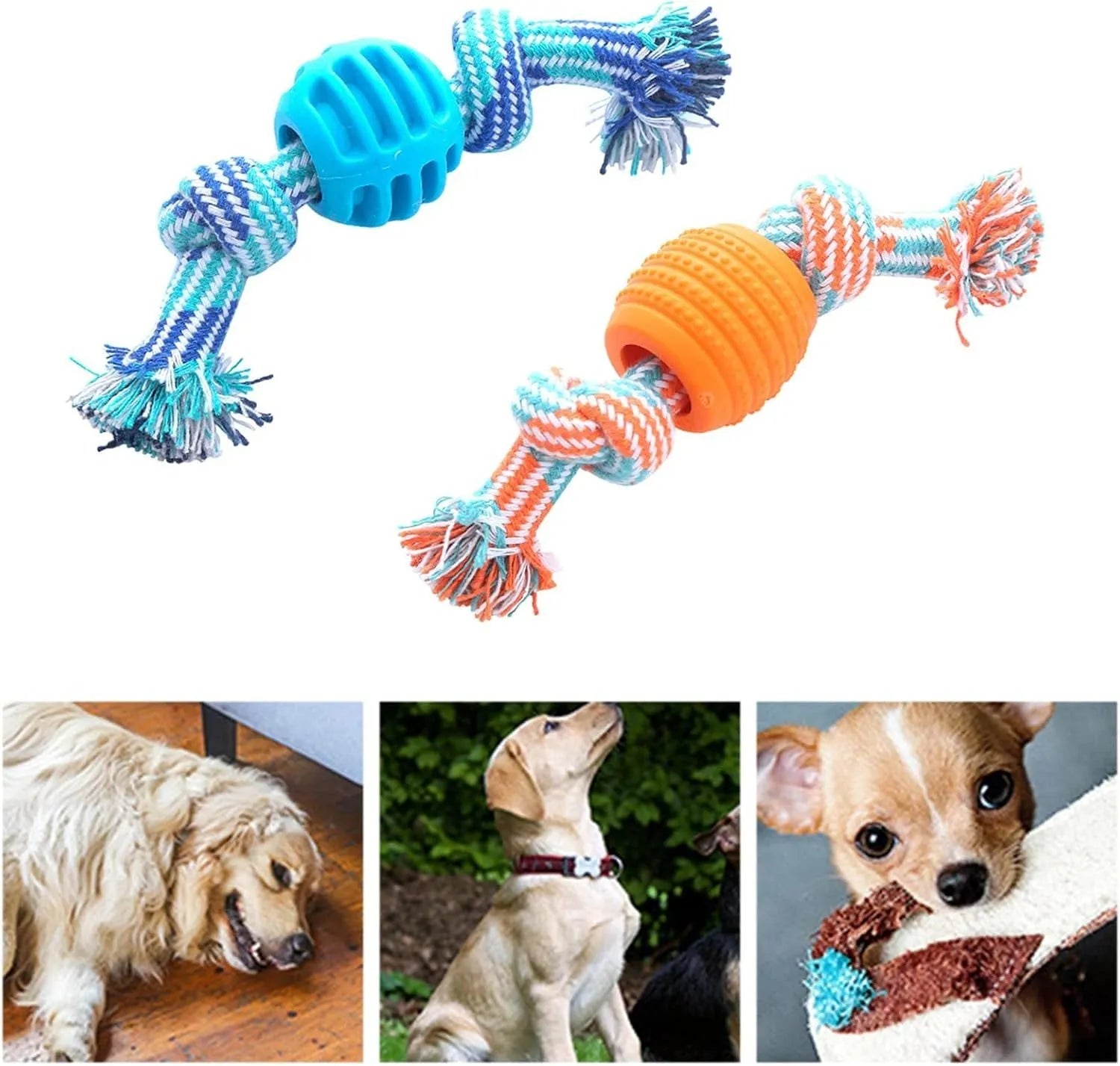 Blue dog chew toy with integrated rope strands for dental cleaning and play.