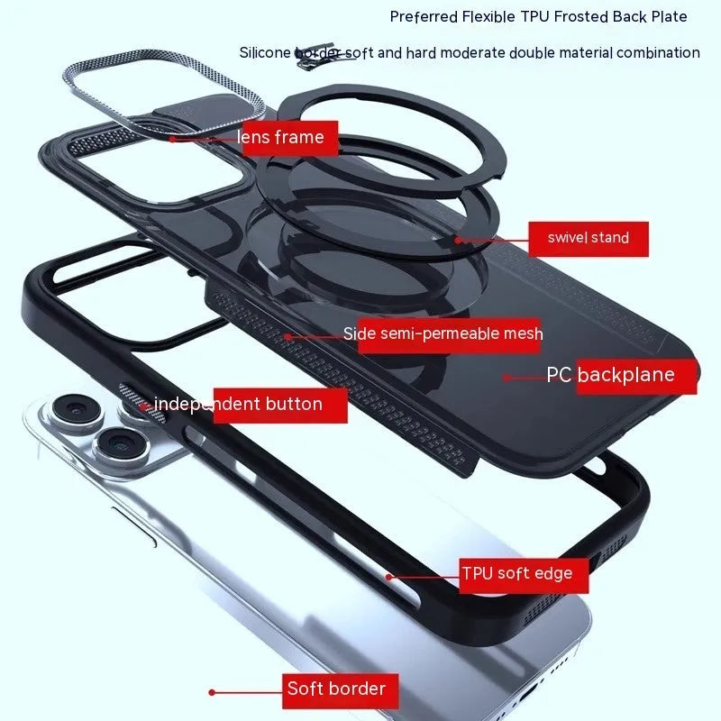 Rotating bracket magnetic suction phone case for iPhone in Deep Sea Blue, Deep Space Black, and Titanium Gray colours