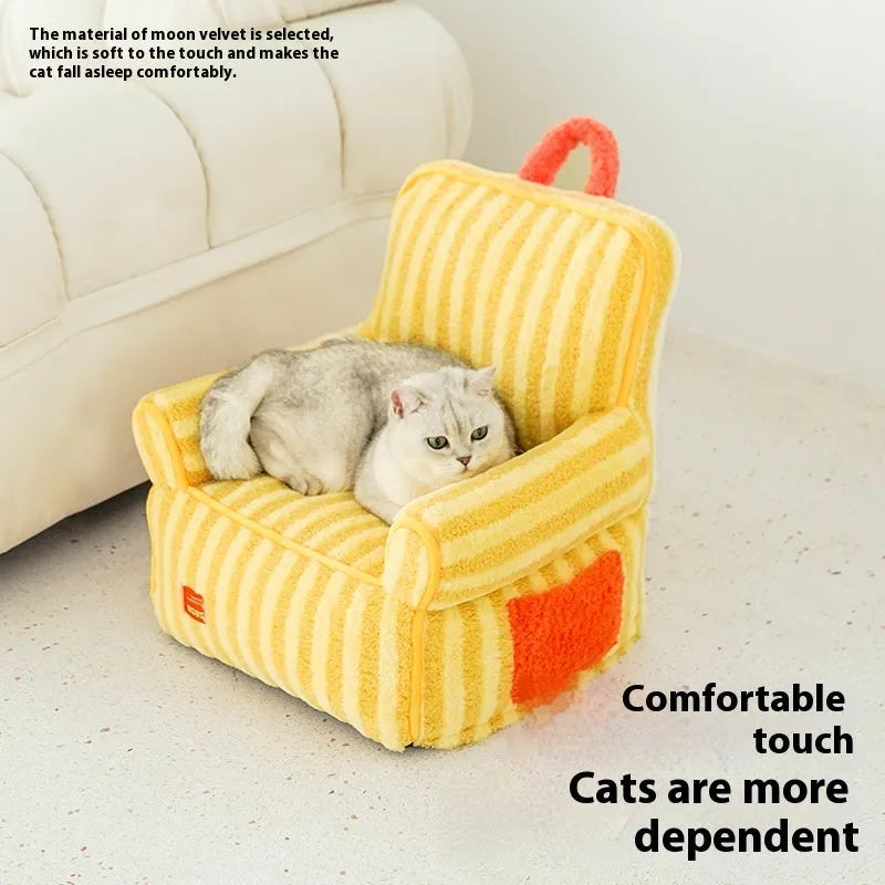 Striped velvet dog bed with removable cover in orange, purple or yellow colour