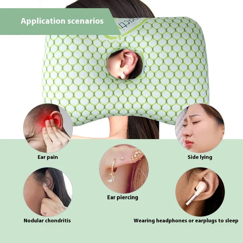 Single hole ear pillow for beauty salon bed in grey colour, showing dimensions and detachable cover.
