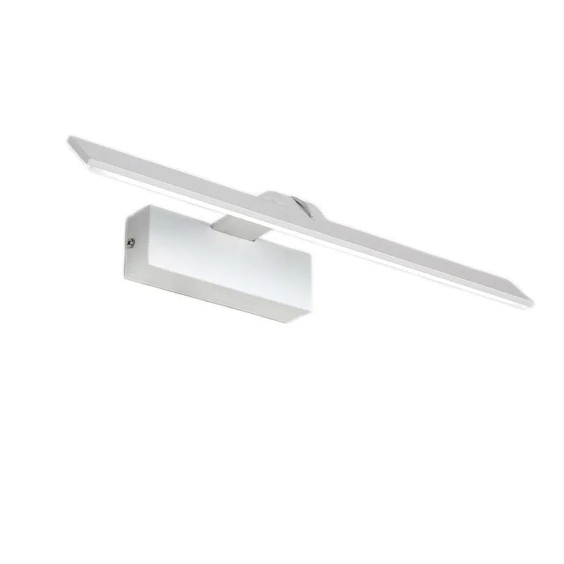 White wall-mounted LED mirror headlight with three-colour dimmable lighting above a bathroom mirror.