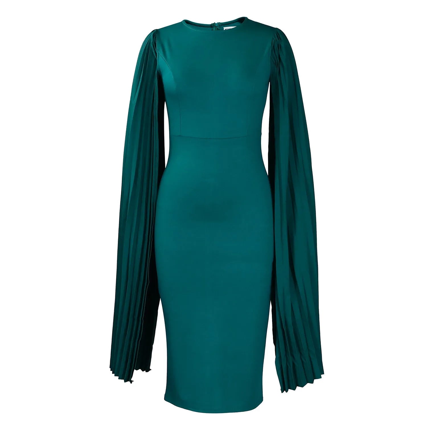 Round neck pleated shawl evening gown dress with high waist and long sleeves in multiple colour options