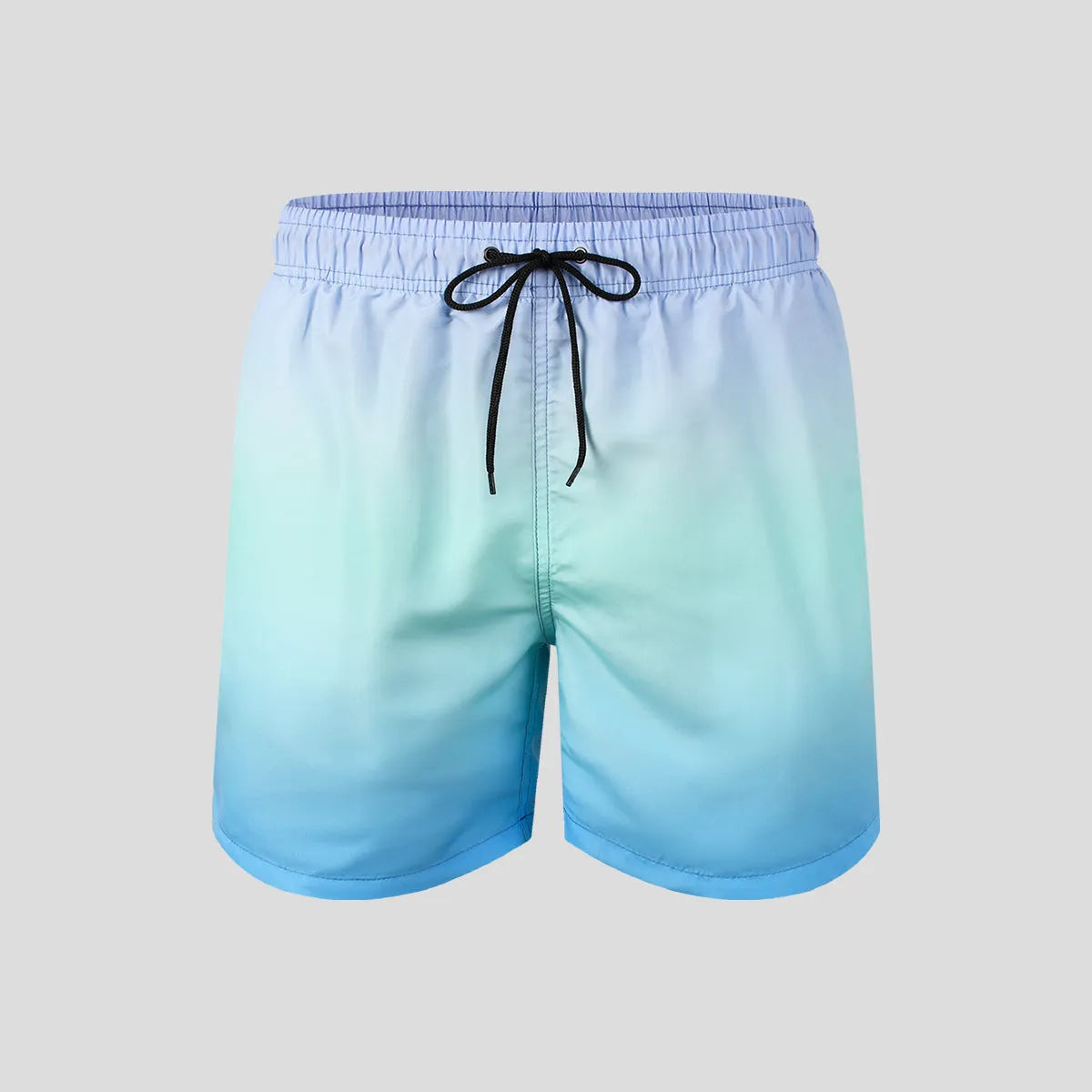 Men's gradient colour 3D digitally printed mesh sports shorts on a size chart.