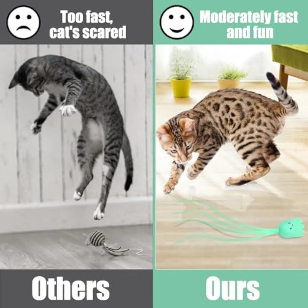 Automatic electronic cat wand toy with swinging silicone tails on green background