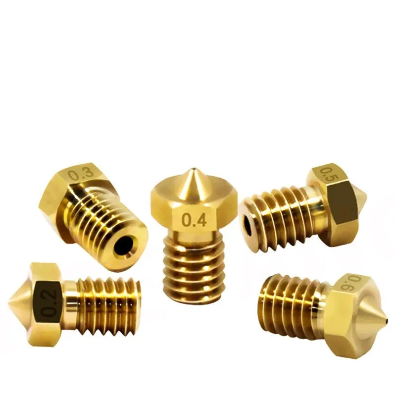 Brass 3D printer nozzle with M6 thread, shown with selection of outlet aperture sizes from 0.2mm to 1.0mm.