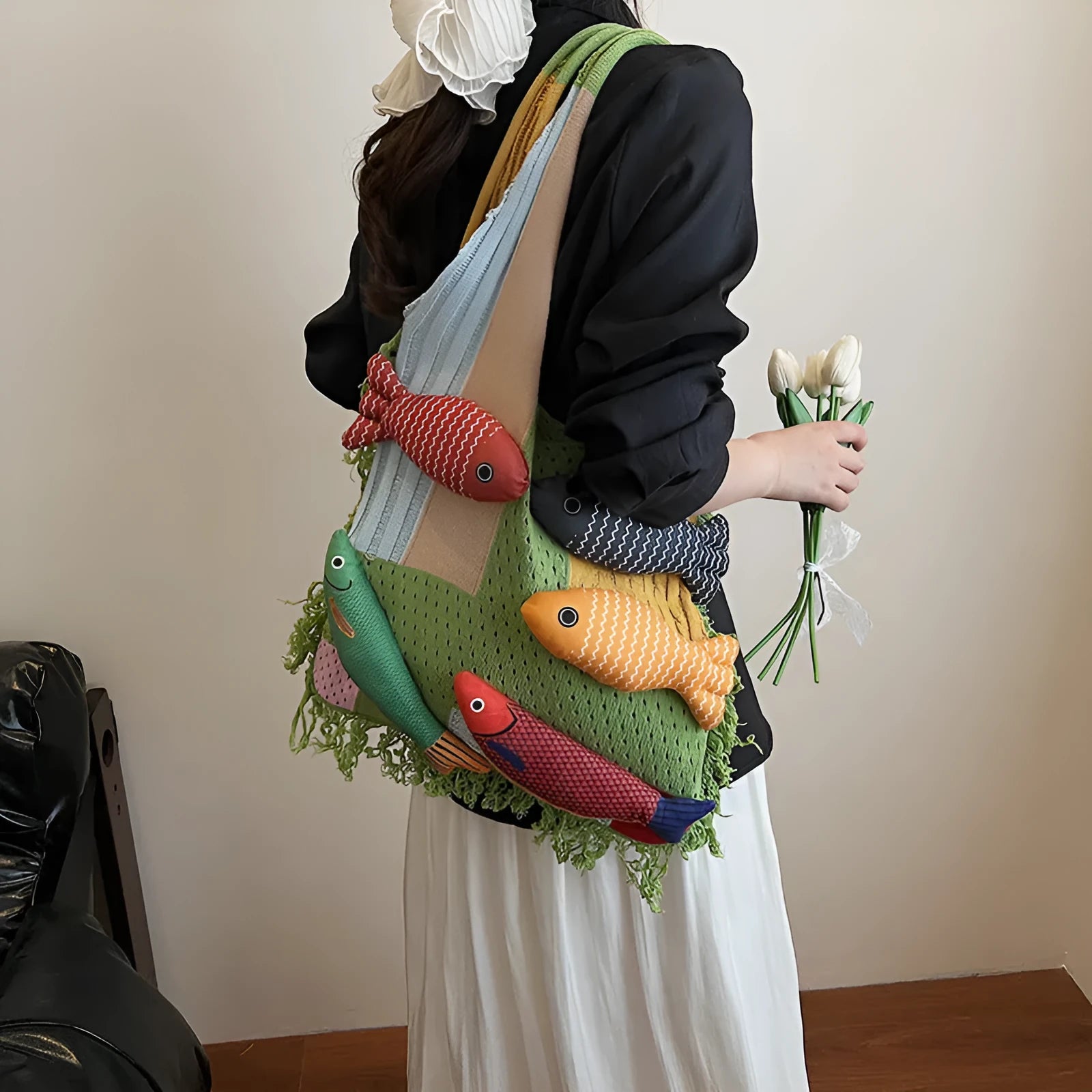 Women's soft cotton large capacity shoulder bag with tassel in khaki