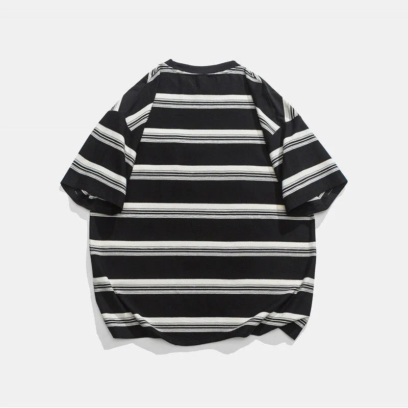Casual loose striped cotton short sleeve round neck T-shirt with front pocket in black and green, sizes M-XXL