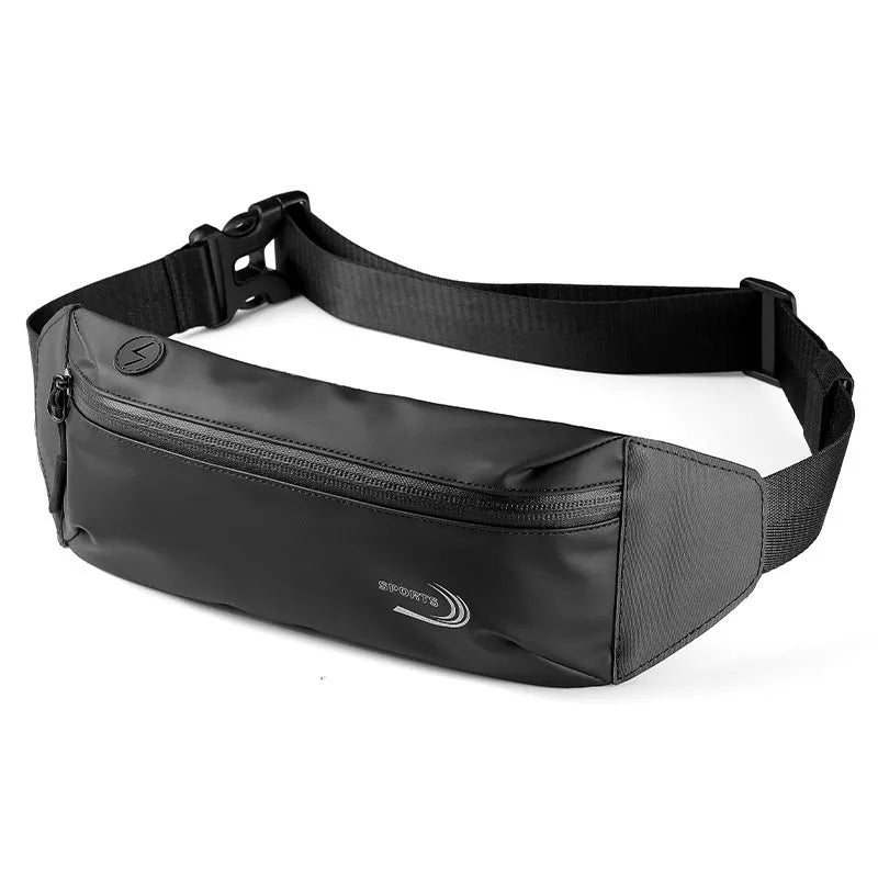 Men's blue Derm Oxford polyester waterproof sports waist bag showing size and belt clip.