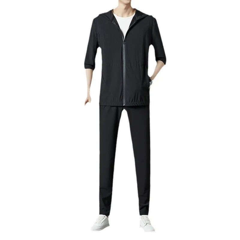 Korean-style loose grey sun-protective hooded suit with trousers for summer leisure wear