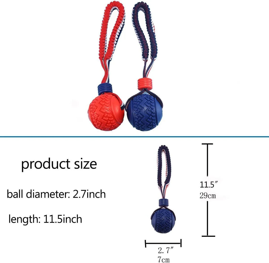 Blue and red durable rubber dog ball attached to a rope toy for small medium dogs