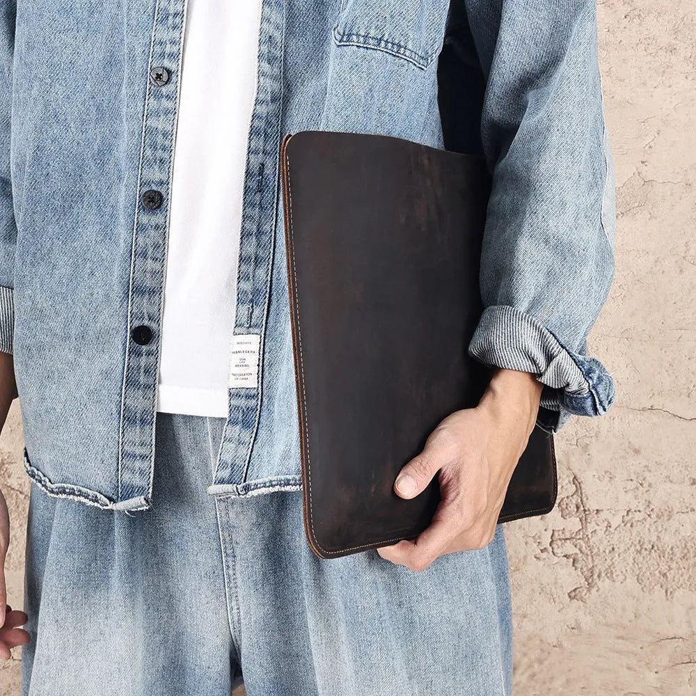 Genuine Crazy Horse leather computer liner bag in brown with horizontal design