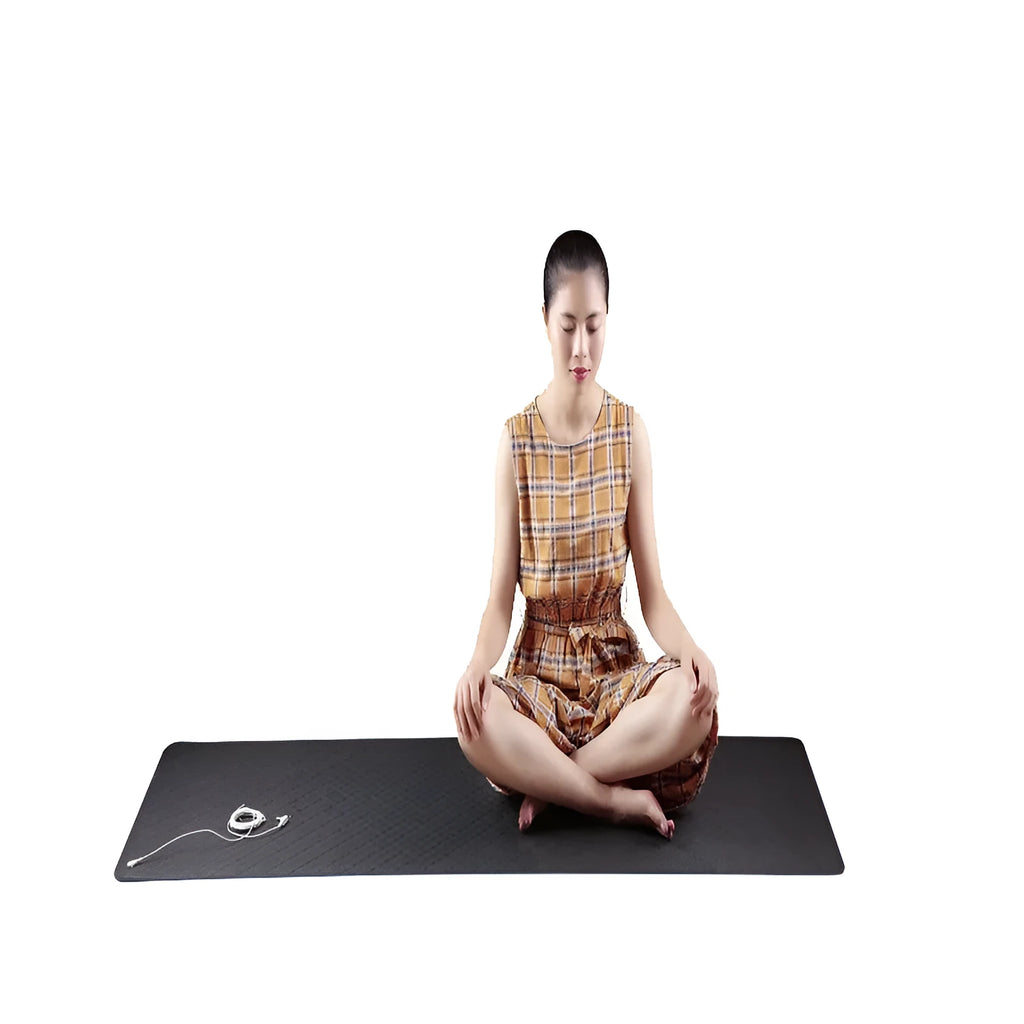 Blue conductive grounding yoga mat with plants pattern, 182x61cm dimensions and grounding wire