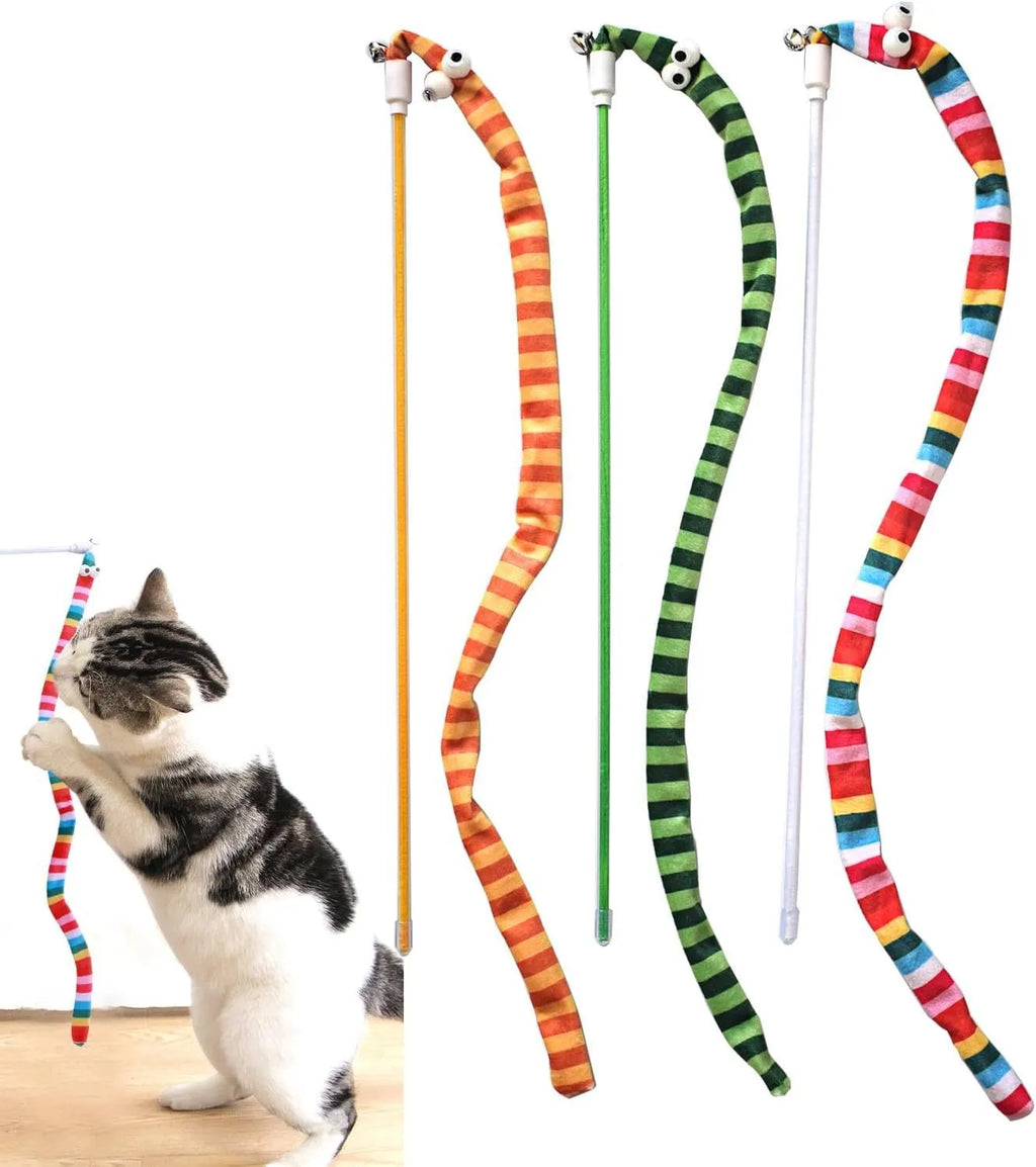 Cat wand toy with colourful plush strip attached to polycarbonate pole