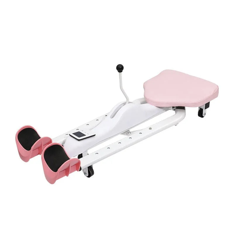 Single-person leg stretching equipment with steel pipe frame, available in pink or blue with optional backrest