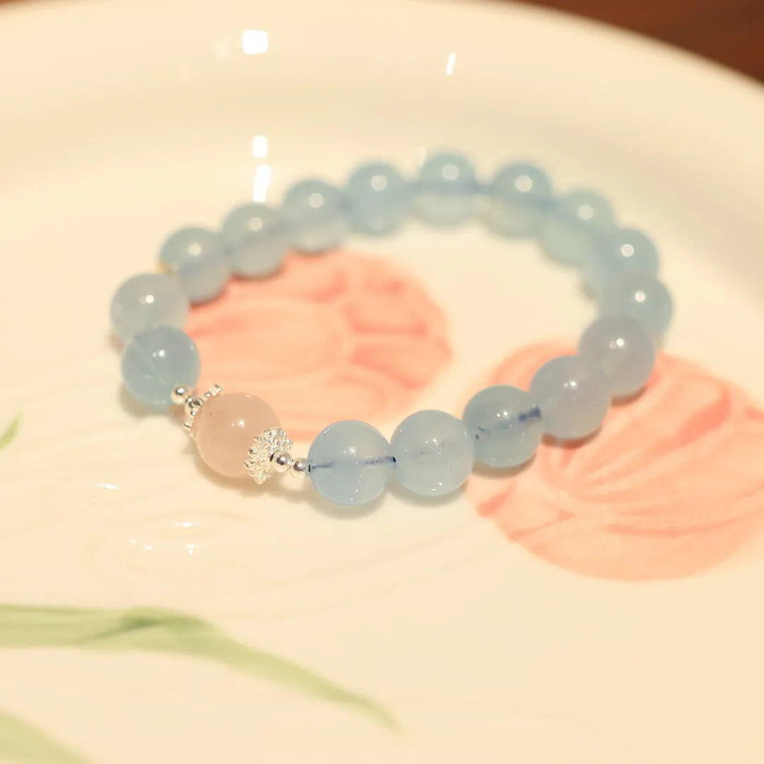 Women's aquamarine Fengjiu DIY bracelet with pink crystal fastening, Chinese style design