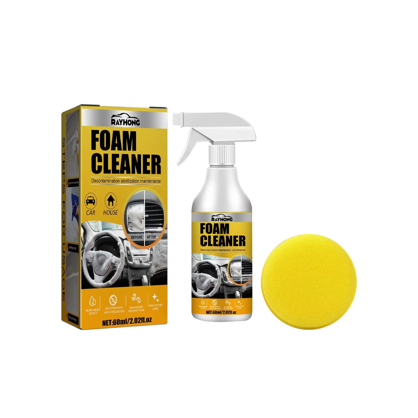 Car interior foamed cleaner kit with 60ml bottle and 10cm sponge for wash-free cleaning