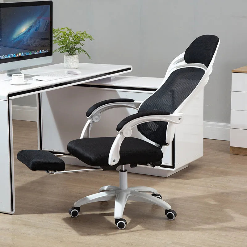 Black and white rotating office gaming chair with reclining backrest and linkage armrests