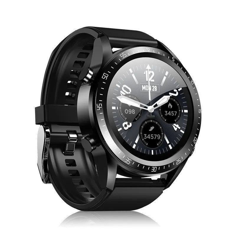 Black smart watch with 1.28-inch screen showing health metrics, silicone strap, includes TWS earphones