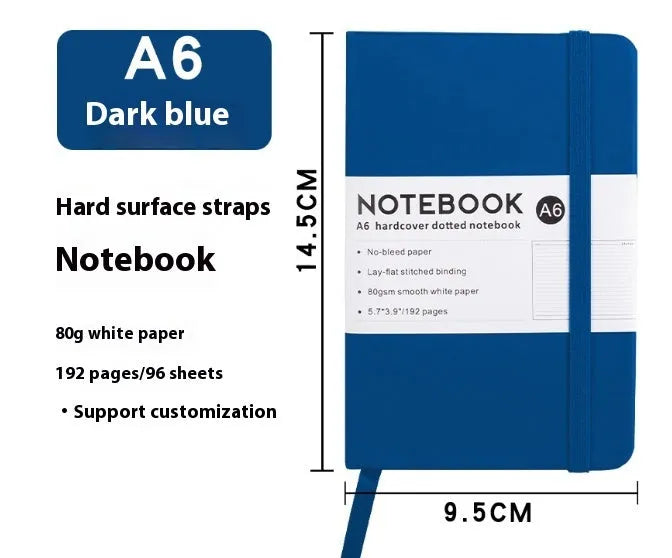 A5 soft touch PU leather notebook open on lined pages, shown in multiple colour options.