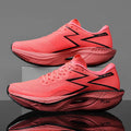 Marathon carbon plate racing running shoes in orange colour, showing low-top design and platform heel.