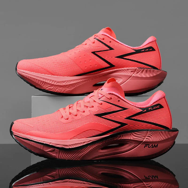 Marathon carbon plate racing running shoes in orange colour, showing low-top design and platform heel.