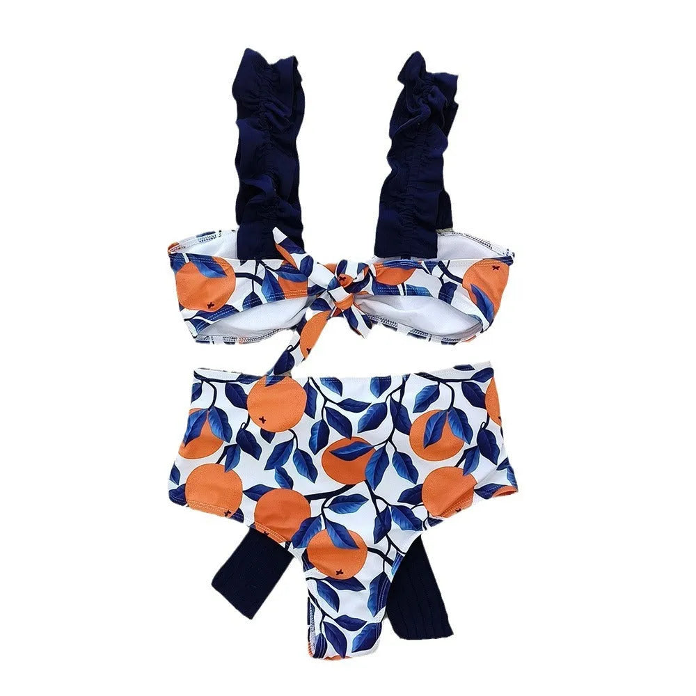 Women's blue leaf orange high waist bikini swimsuit with sleeveless briefs