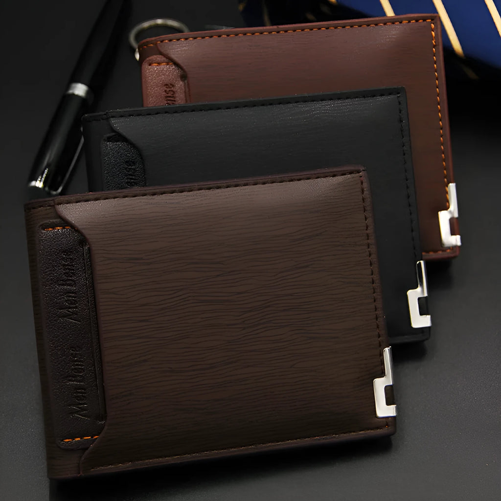 Men's black iron-edge card-picking wallet holding banknotes and cards next to a mobile phone