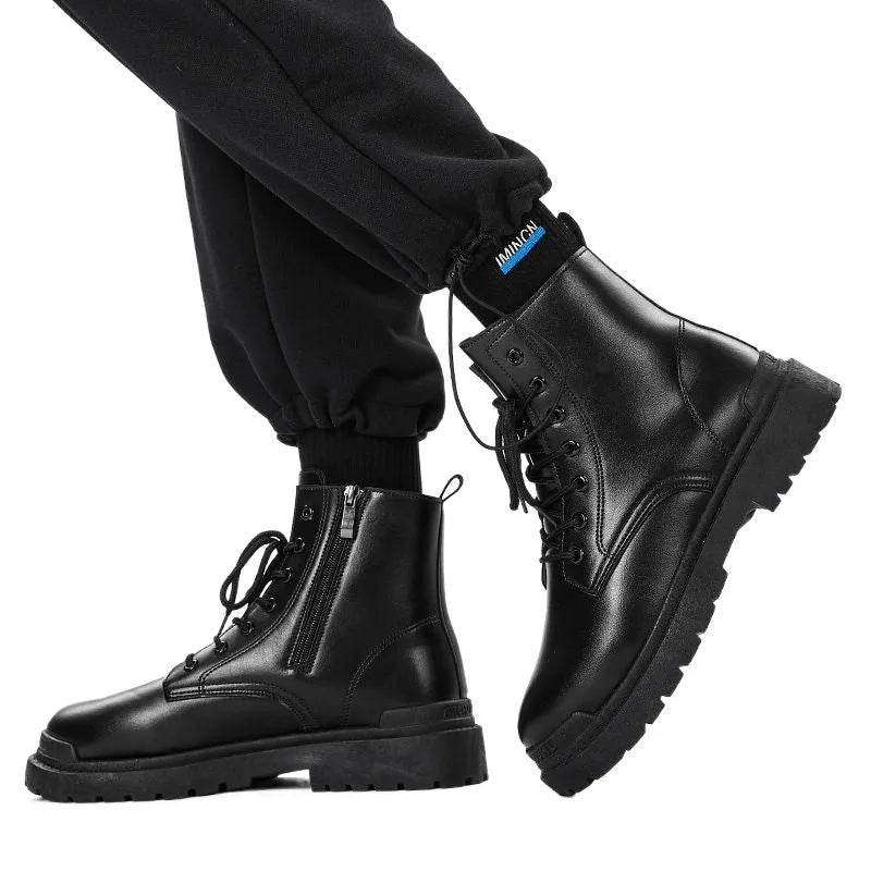 Men's black mid-top British Tide style leather boots with a rubber sole on a white background.