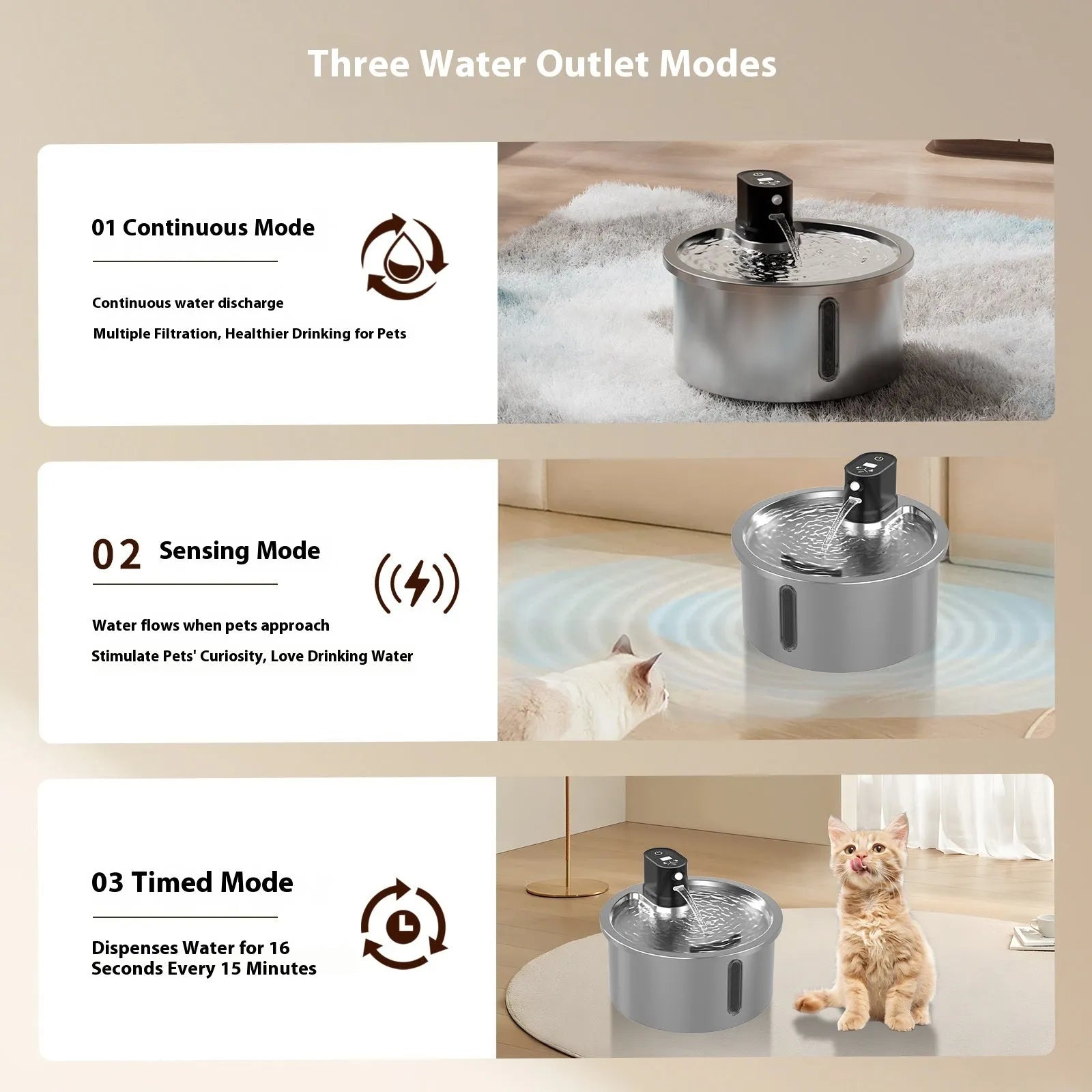 White stainless steel heated pet water fountain with a constant temperature base on a wooden floor.