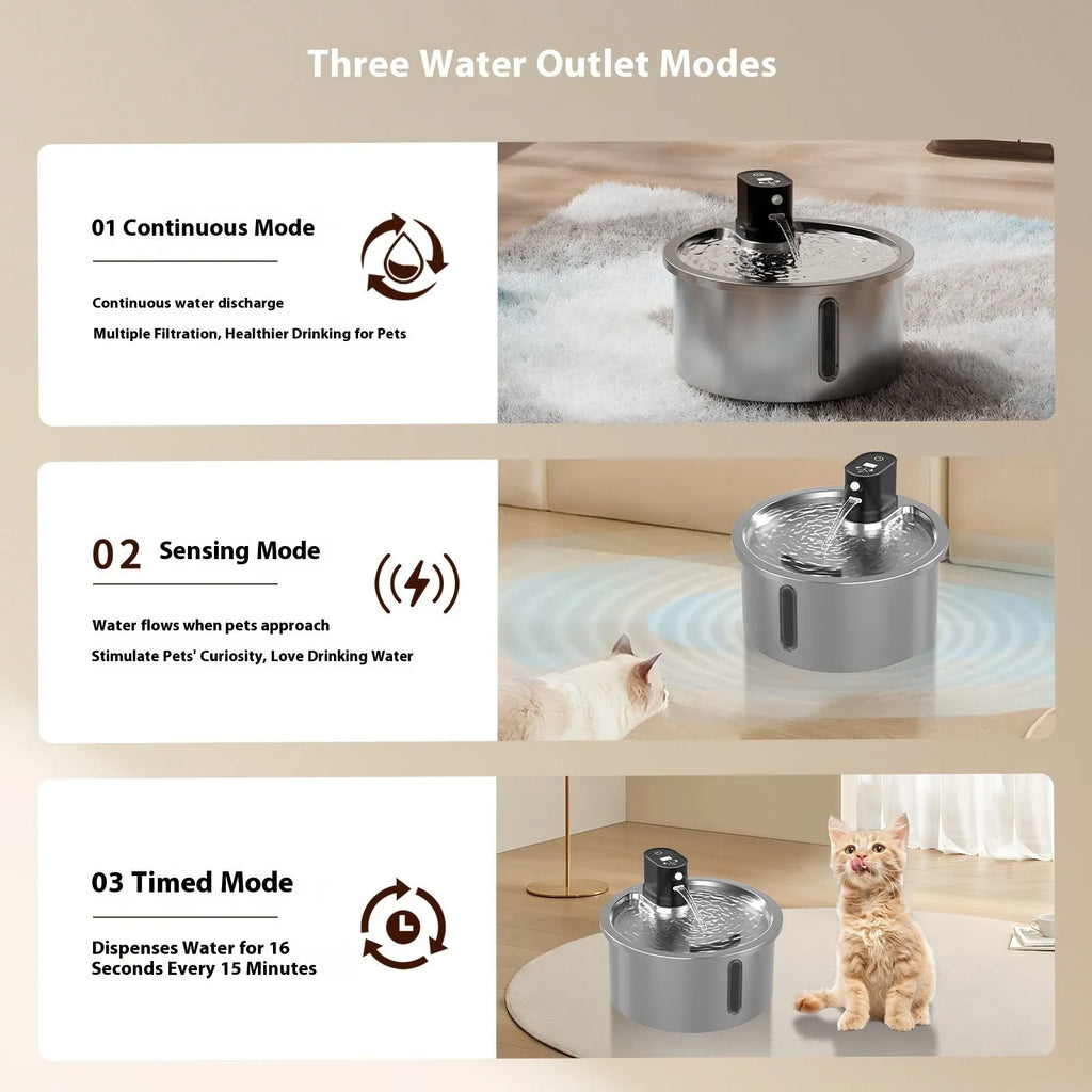 Stainless steel pet water fountain with heating base, shown in white colour.