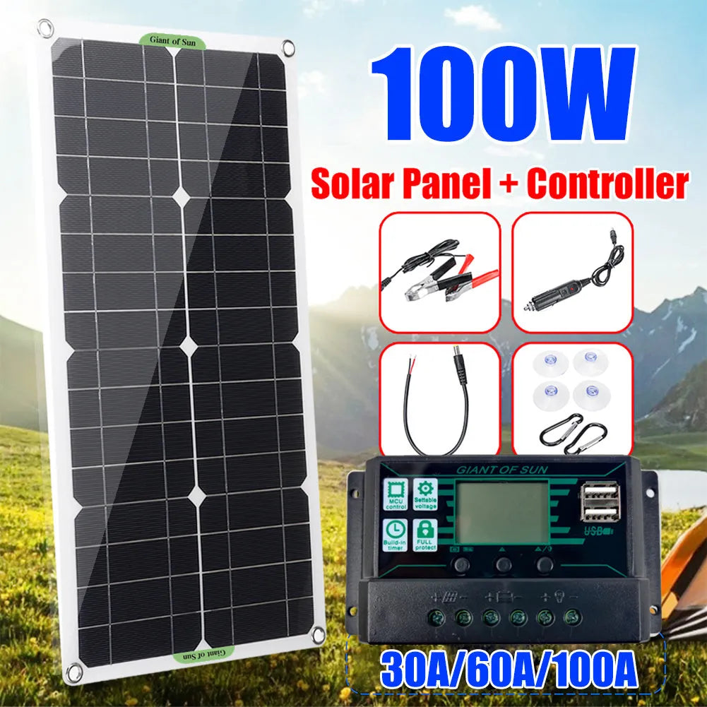 30W semi-flexible outdoor solar charging panel showing USB port and 18V output cable