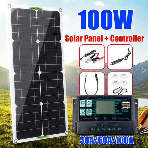 30W semi-flexible outdoor solar charging panel showing USB port and 18V output cable