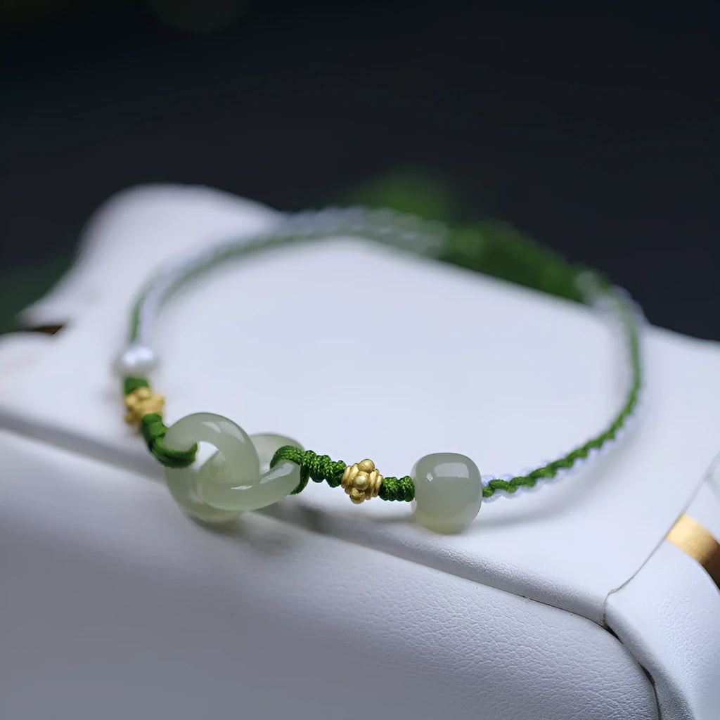 Natural Hetian Jade woven bracelet with adjustable flexible wire and jade pendant in traditional Chinese design