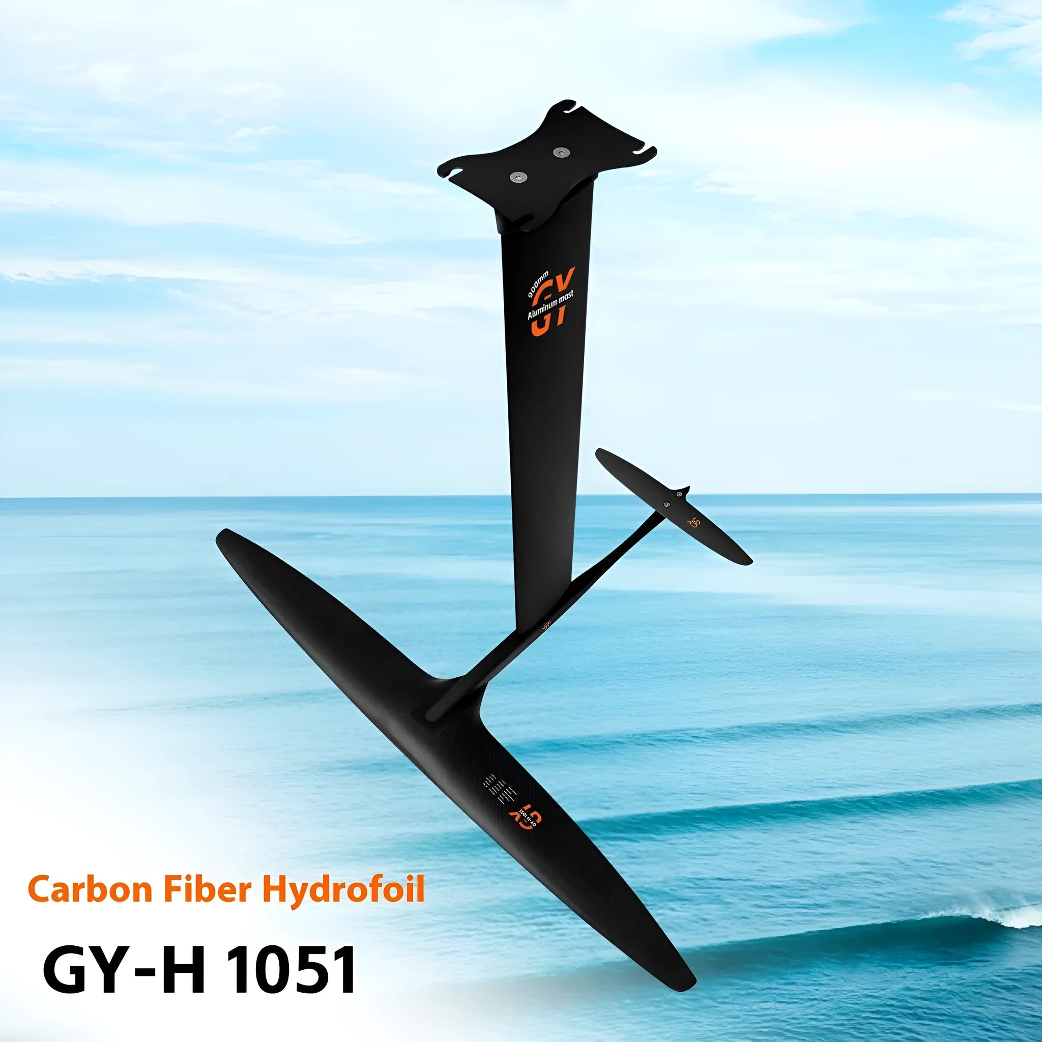 Black carbon fibre hydrofoil surfboard with large front wing for racing applications
