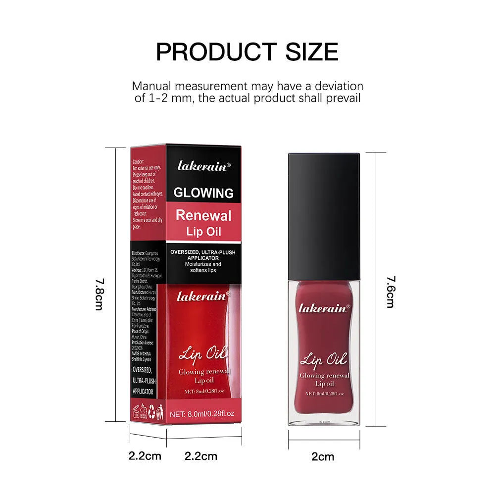 Glow Lip Gloss nourishing lip oil in 8ml bottle, shown in Coral, Clear, Honey, Jam, Pink, Red, and Rose colours.