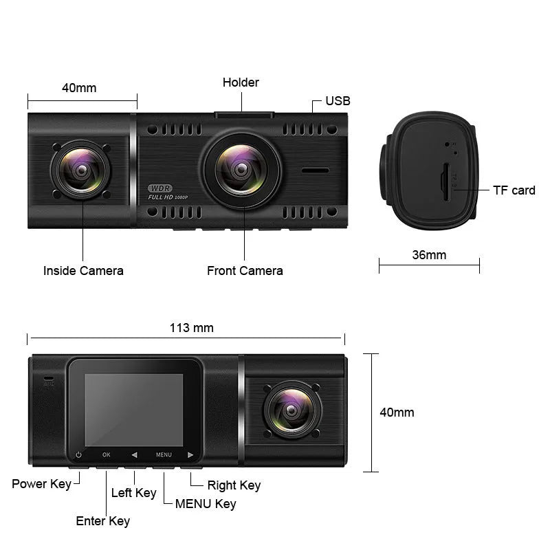 Standard black 1080p dashcam car camera with a 1.5-inch screen on its packaging.